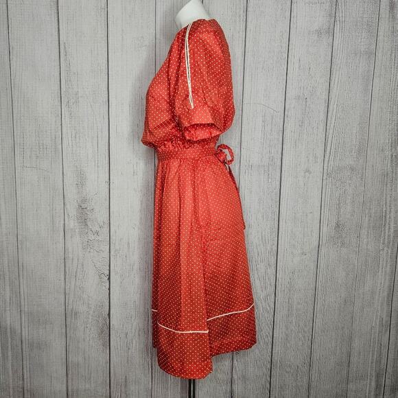 VTG 70s JCPenney Red & White Polka Dot Day Dress w Puff Sleeves - Picture 3 of 6